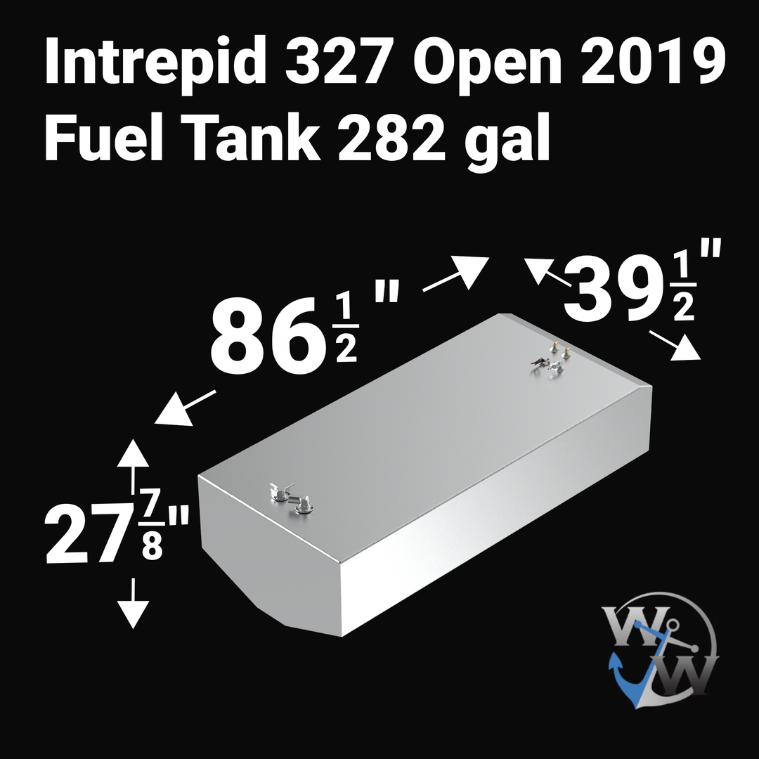 Dimensional diagram of a 282-gallon Intrepid 327 Open fuel tank showing precise OEM measurements: 86 1/2" length, 39 1/2" width, and 27 7/8" height. Rendered in silver marine-grade aluminum with the Welding World logo on a black background.
