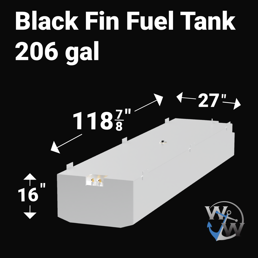 A 3D render of a boat fuel tank against a black background, labeled "Black Fin Fuel Tank 206 gal". Arrows indicate the tank's dimensions: 16 inches high, 118 7/8 inches long, and 27 inches wide. A blue "WW" logo is in the bottom right corner.