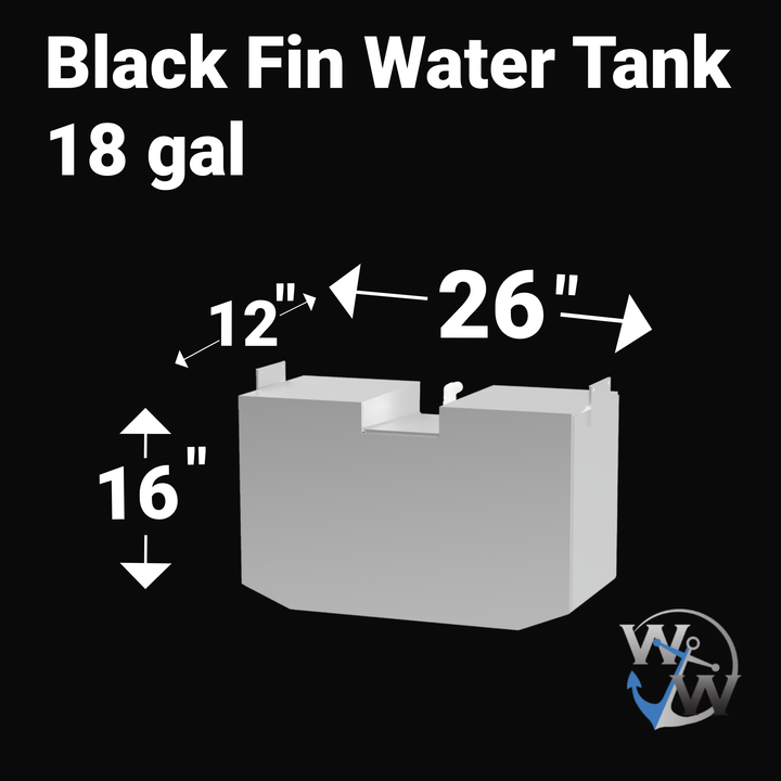 A 3D render of a boat water tank against a black background, labeled "Black Fin Water Tank 18 gal". Arrows indicate the tank's dimensions: 16 inches high, 12 inches long for the main body, and 26 inches wide. A blue "WW" logo is in the bottom right corner.