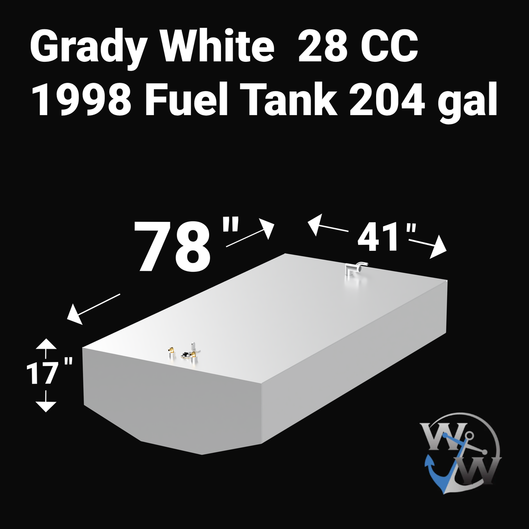 A 3D render of a boat fuel tank against a black background, labeled "Grady White 28 CC 1998 Fuel Tank 204 gal". Arrows indicate the tank's dimensions: 17 inches high, 78 inches long, and 41 inches wide. A blue "WW" logo is in the bottom right corner.