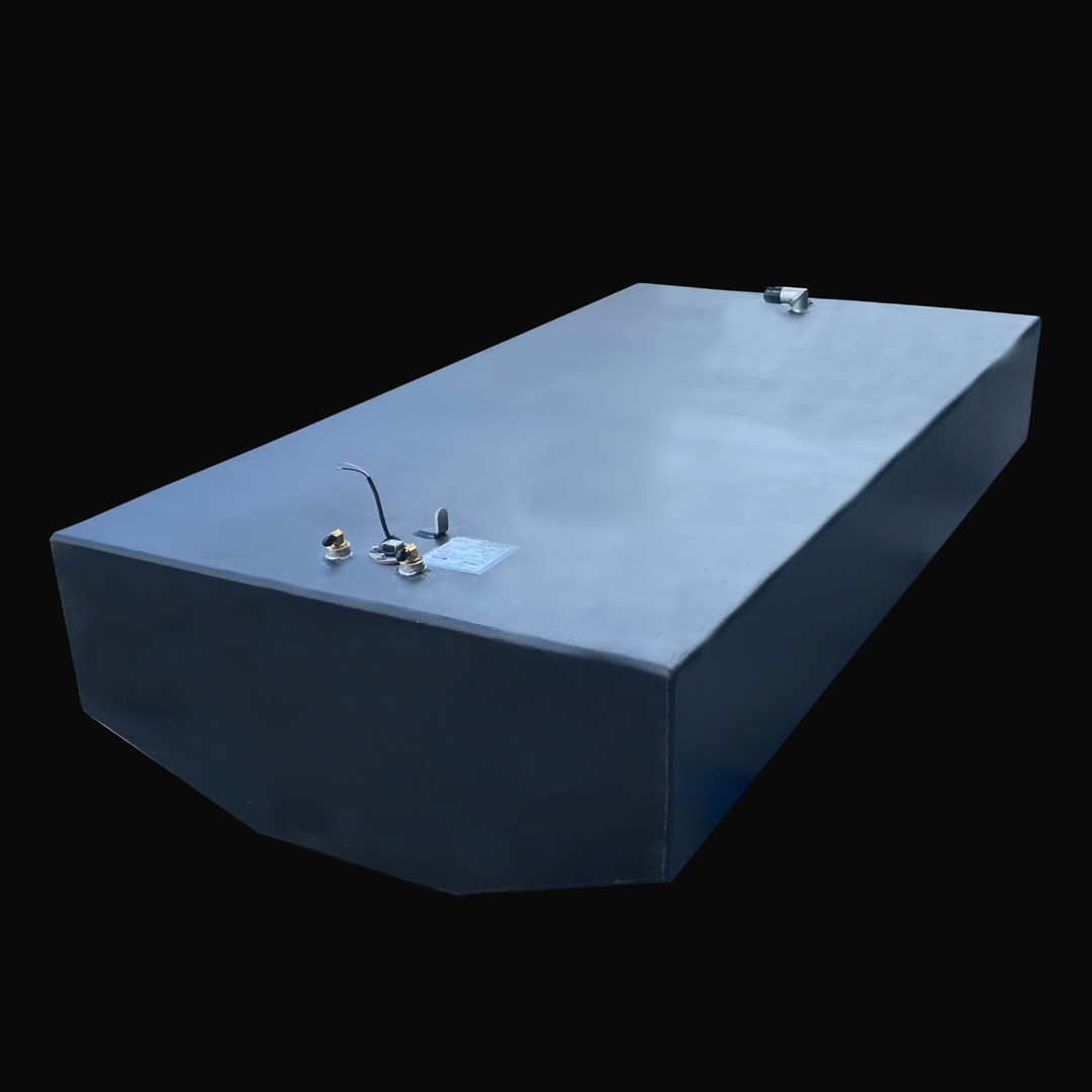 A photo of the Grady White 28 CC 204-gallon 1998 OEM replacement fuel tank, showing the long, dark grey tank with a faceted corner and two sets of fittings on its top surface, against a black background.