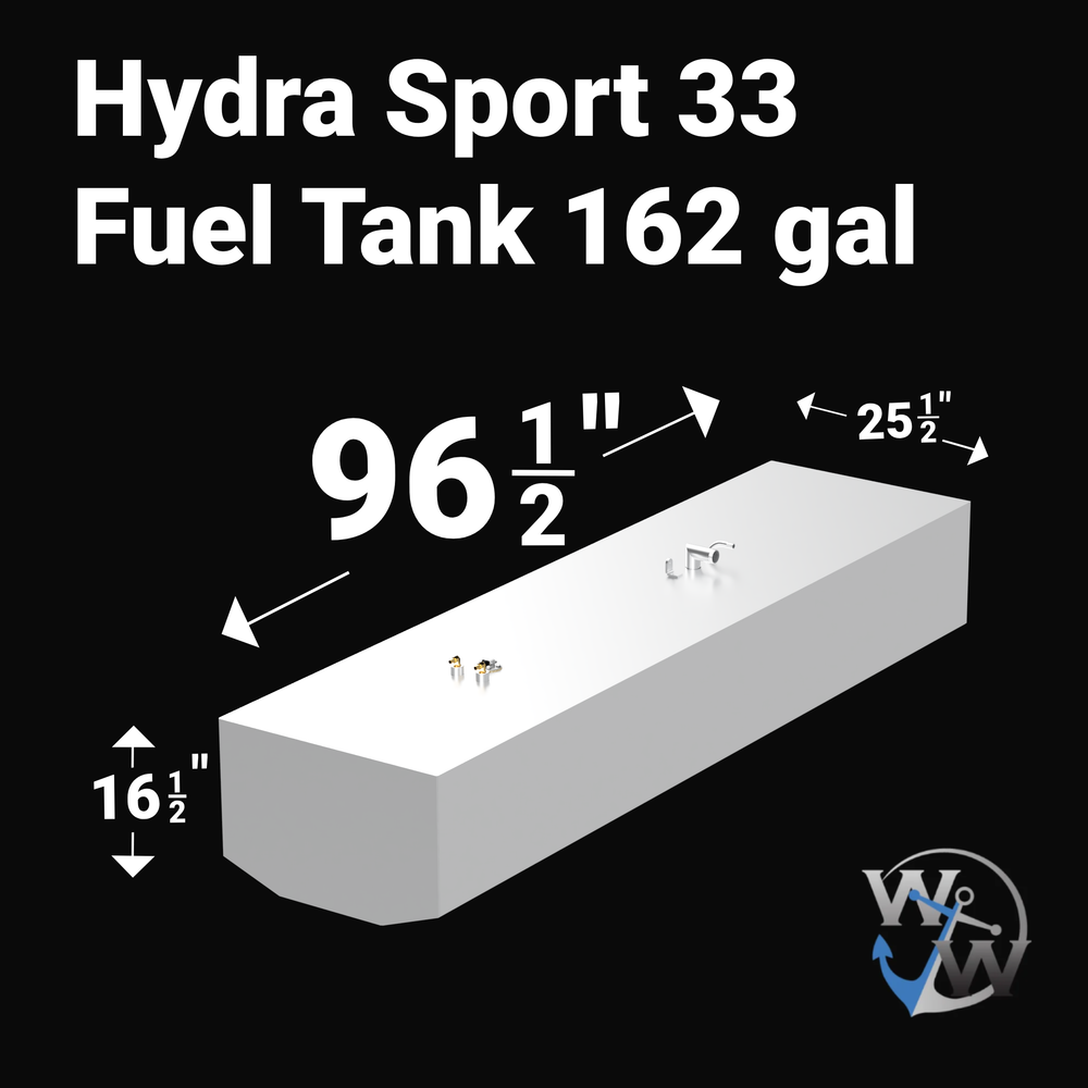 A 3D render of a boat fuel tank against a black background, labeled "Hydra Sport 33 Fuel Tank 162 gal". Arrows indicate the tank's dimensions: 16 1/2 inches high, 96 1/2 inches long, and 25 1/2 inches wide. A blue "WW" logo is in the bottom right corner.