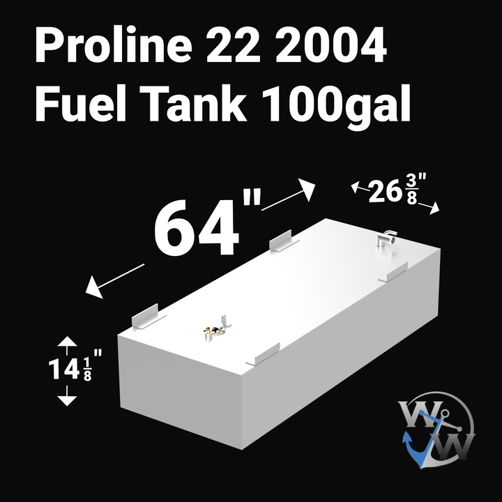 A 3D render of a boat fuel tank against a black background, labeled "Proline 22 2004 Fuel Tank 100gal". Arrows indicate the tank's dimensions: 14 1/8 inches high, 64 inches long, and 26 3/8 inches wide. The tank is shown in white with mounting tabs and fittings. A blue "WW" logo is in the bottom right corner.
