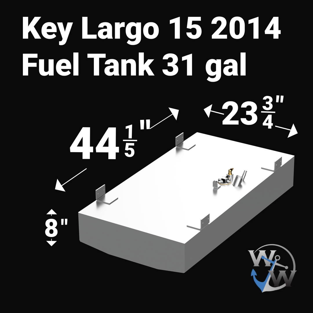 A 3D render of a boat fuel tank against a black background, labeled "Key Largo 15 2014 Fuel Tank 31 gal". Arrows indicate the tank's dimensions: 8 inches high, 44 1/5 inches long, and 23 3/4 inches wide. A blue "WW" logo is in the bottom right corner.