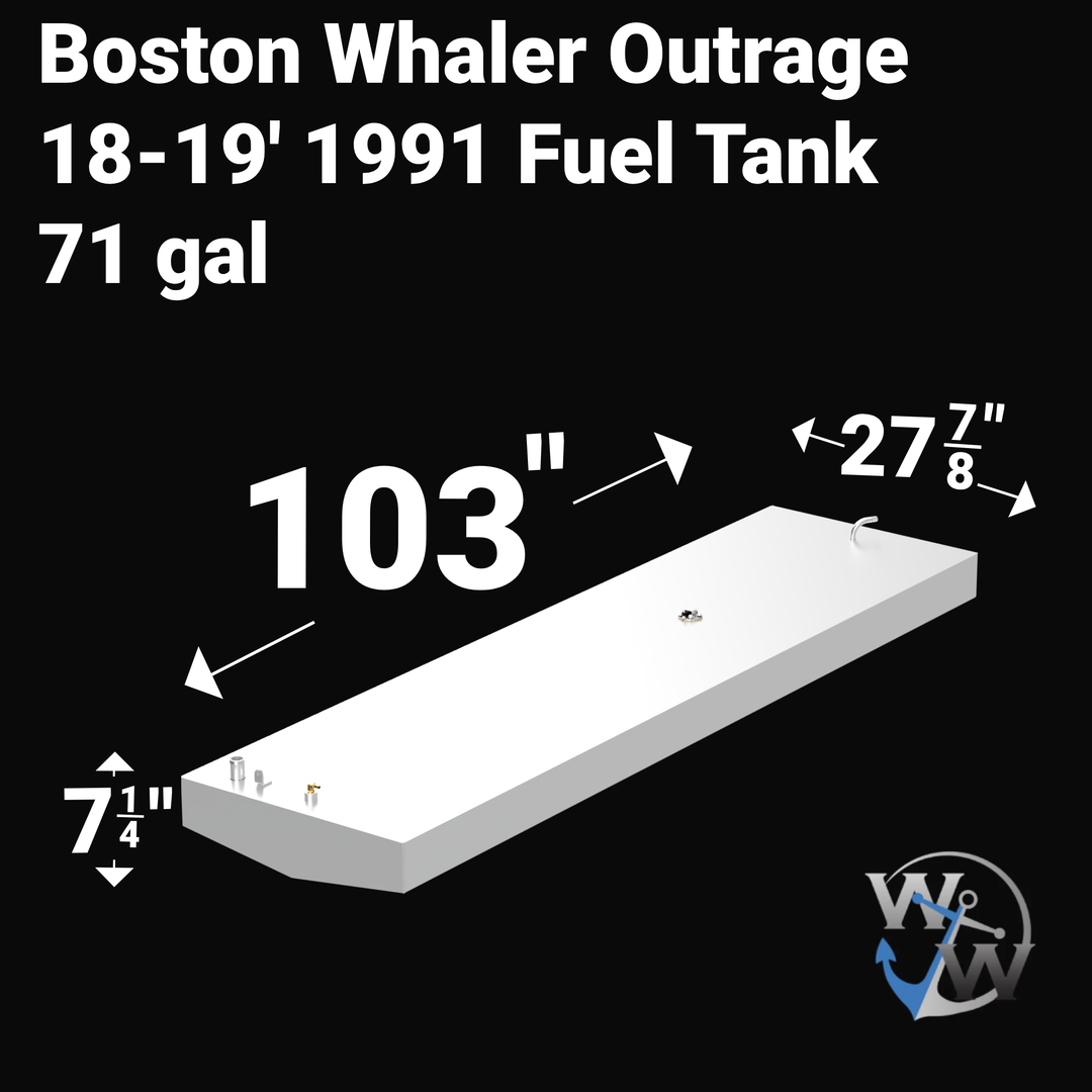 A 3D render of a boat fuel tank against a black background, labeled "Boston Whaler Outrage 18-19' 1991 Fuel Tank 71 gal". Arrows indicate the tank's dimensions: 7 1/4 inches high, 103 inches long, and 27 7/8 inches wide. A blue "WW" logo is in the bottom right corner.
