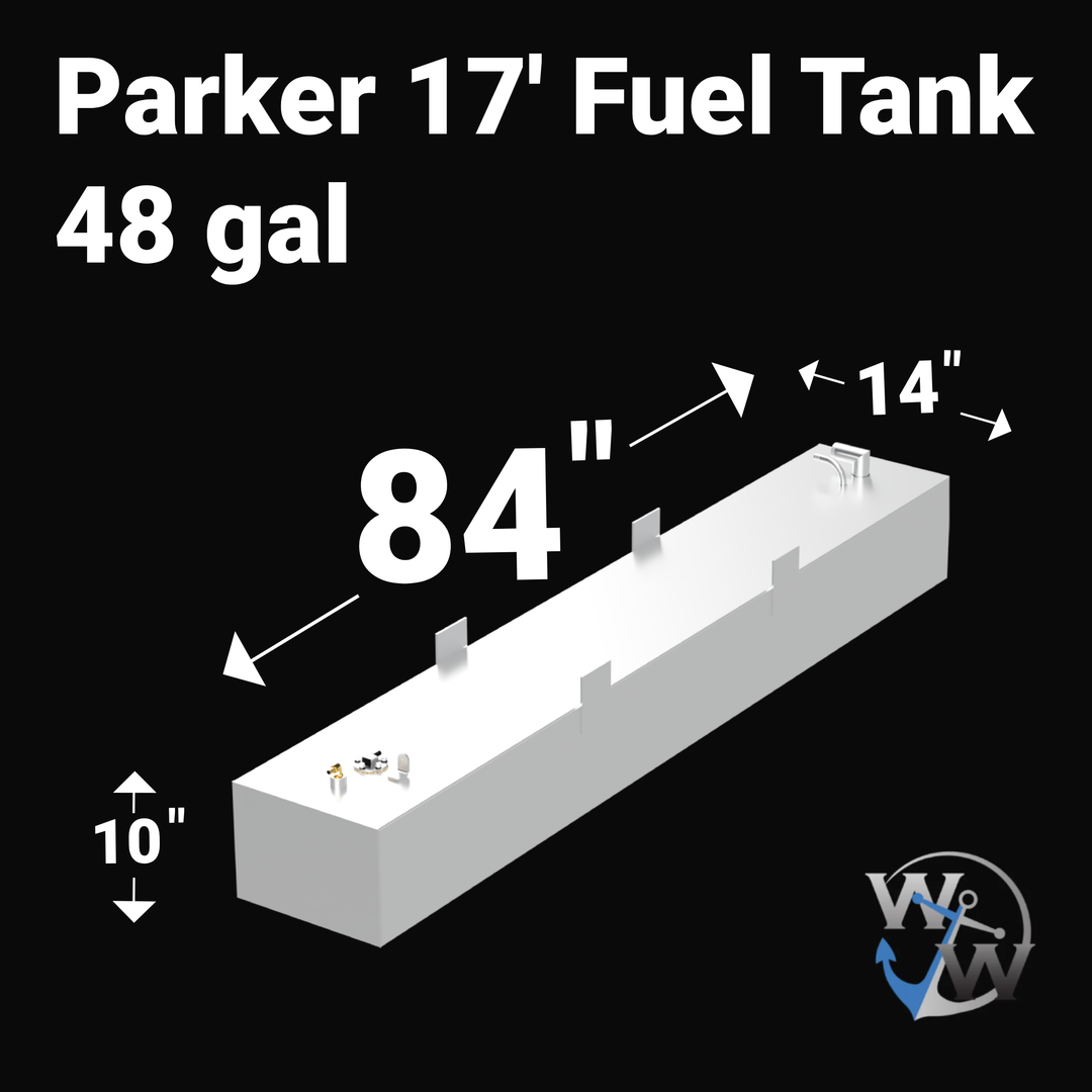 A 3D render of a boat fuel tank against a black background, labeled "Parker 17' Fuel Tank 48 gal". Arrows indicate the tank's dimensions: 10 inches high, 84 inches long, and 14 inches wide. The white tank is shown with two sets of fittings and four mounting tabs. A blue "WW" logo is in the bottom right corner.
