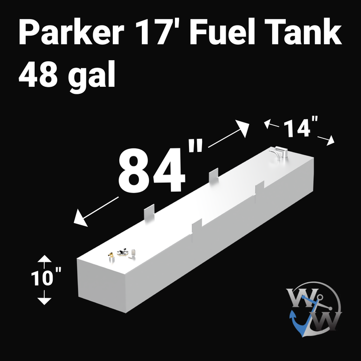 A 3D render of a boat fuel tank against a black background, labeled "Parker 17' Fuel Tank 48 gal". Arrows indicate the tank's dimensions: 10 inches high, 84 inches long, and 14 inches wide. The white tank is shown with two sets of fittings and four mounting tabs. A blue "WW" logo is in the bottom right corner.