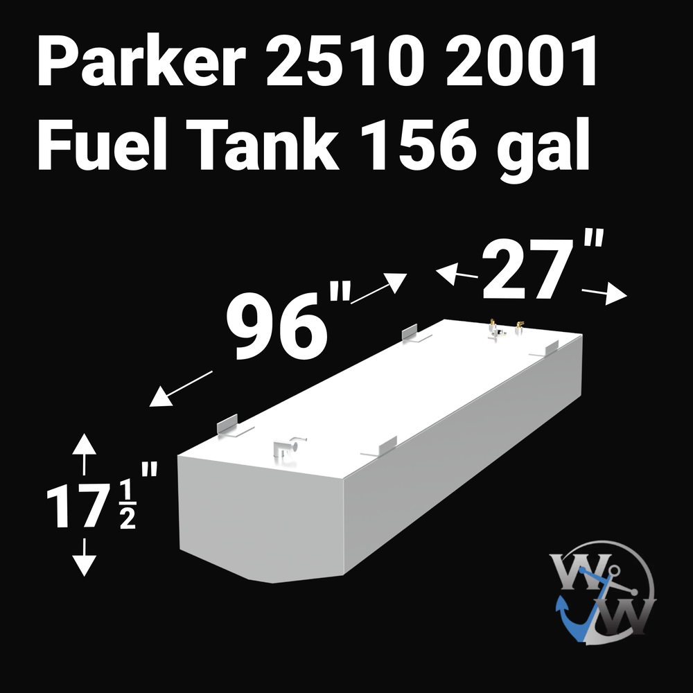 A 3D render of a boat fuel tank against a black background, labeled "Parker 2510 2001 Fuel Tank 156 gal". Arrows indicate the tank's dimensions: 17 1/2 inches high, 96 inches long, and 27 inches wide. A blue "WW" logo is in the bottom right corner.