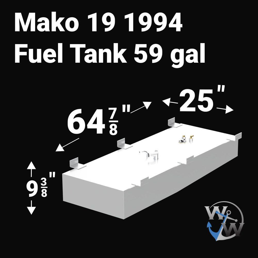 A 3D render of a boat fuel tank against a black background, labeled "Mako 19 1994 Fuel Tank 59 gal". Arrows indicate the tank's dimensions: 9 3/8 inches high, 64 7/8 inches long, and 25 inches wide. A blue "WW" logo is in the bottom right corner.
