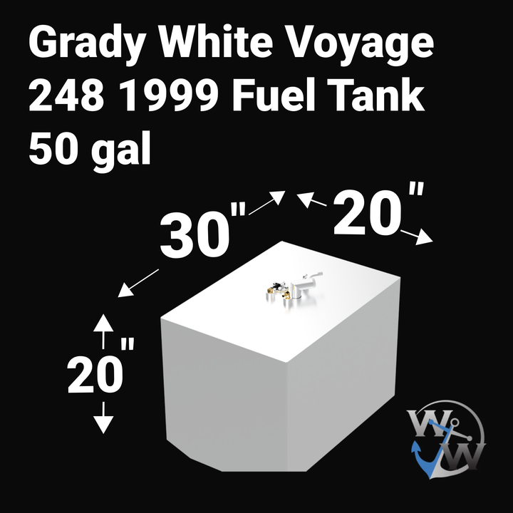A 3D render of a boat fuel tank against a black background, labeled "Grady White Voyage 248 1999 Fuel Tank 50 gal". Arrows indicate the tank's dimensions: 20 inches high, 30 inches long, and 20 inches wide. A blue "WW" logo is in the bottom right corner.
