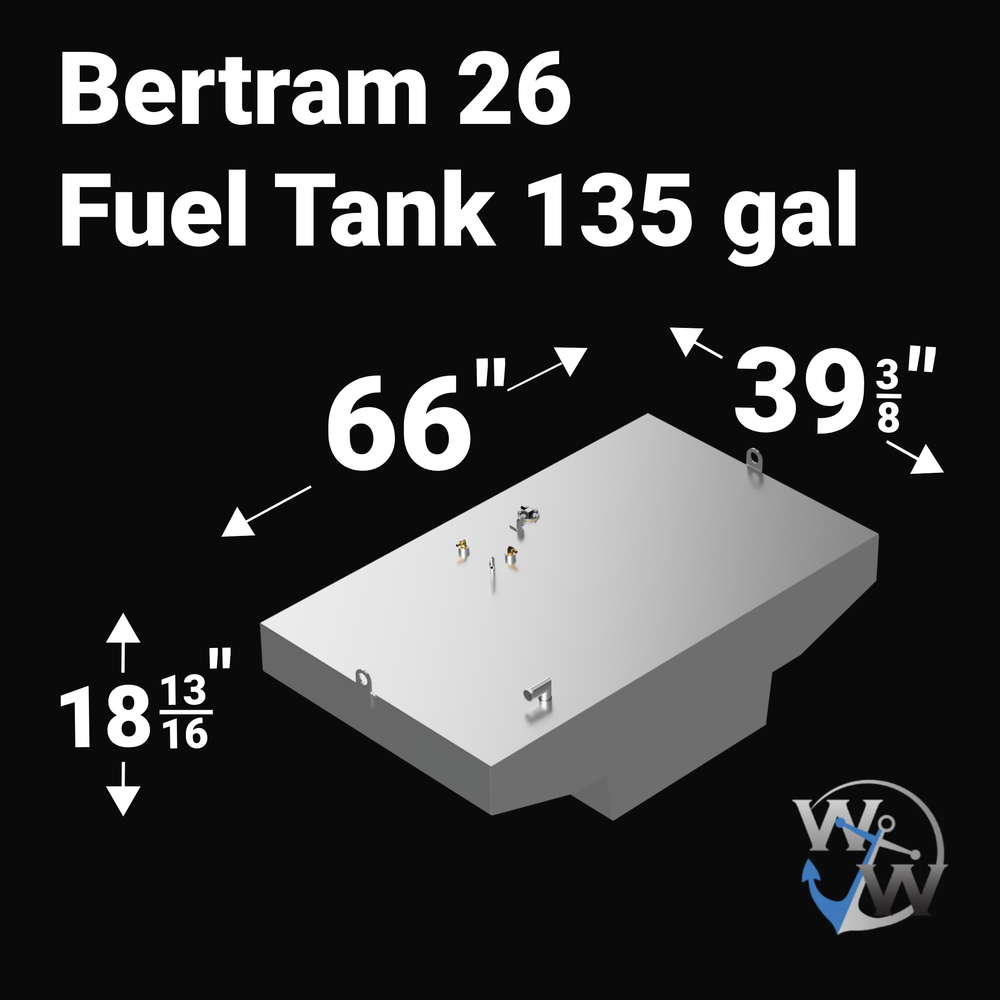 A 3D render of a light grey boat fuel tank with a complex, notched shape and various brass and silver-colored fittings, including two D-rings, visible on its top surface, against a black background.