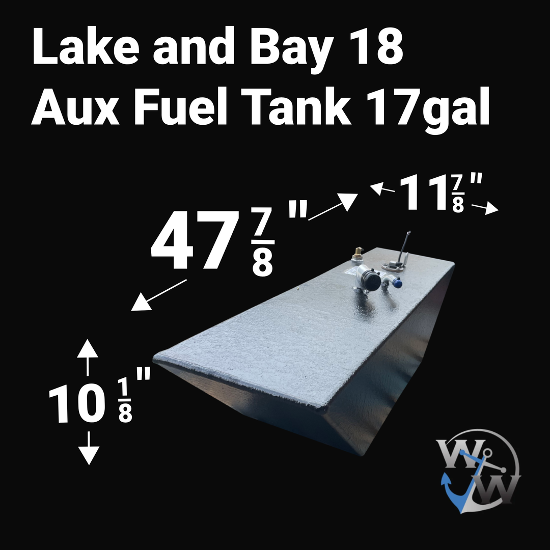 A photo of a boat fuel tank against a black background, labeled "Lake and Bay 18 Aux Fuel Tank 17gal". Arrows indicate the tank's dimensions: 10 1/8 inches high, 47 7/8 inches long, and 11 1/8 inches wide. A blue "WW" logo is in the bottom right corner.