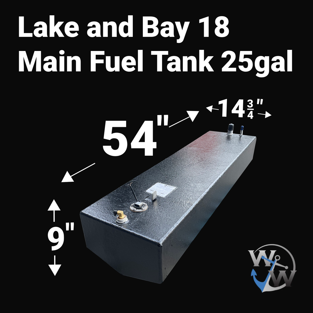 A photo of a boat fuel tank against a black background, labeled "Lake and Bay 18 Main Fuel Tank 25gal". Arrows indicate the tank's dimensions: 9 inches high, 54 inches long, and 14 3/4 inches wide. A blue "WW" logo is in the bottom right corner.