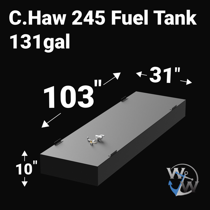 A 3D render of a boat fuel tank against a black background, labeled "C.Haw 245 Fuel Tank 131gal". Arrows indicate the tank's dimensions: 10 inches high, 103 inches long, and 31 inches wide. A blue "WW" logo is in the bottom right corner.