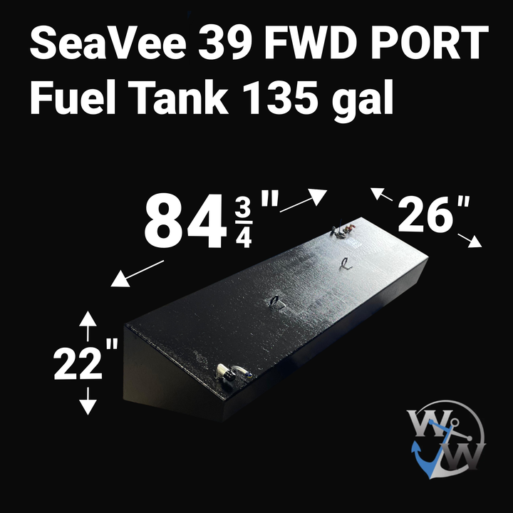 A photo of a boat fuel tank against a black background, labeled "SeaVee 39 FWD PORT Fuel Tank 135 gal". Arrows indicate the tank's dimensions: 22 inches high, 84 3/4 inches long, and 26 inches wide. A blue "WW" logo is in the bottom right corner.