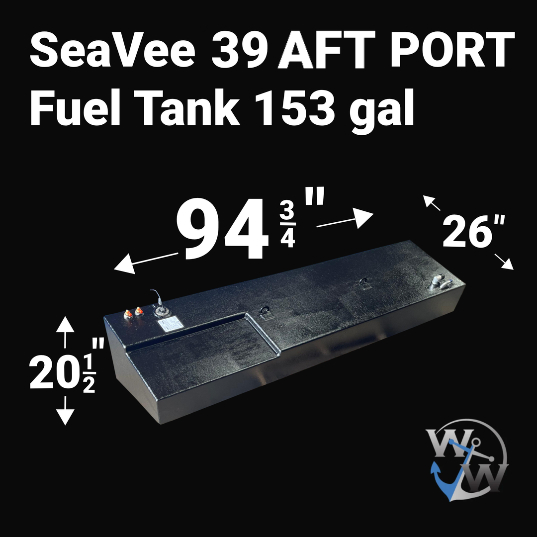A photo of a boat fuel tank against a black background, labeled "SeaVee 39 AFT PORT Fuel Tank 153 gal". Arrows indicate the tank's dimensions: 20 1/2 inches high, 94 3/4 inches long, and 26 inches wide. A blue "WW" logo is in the bottom right corner.