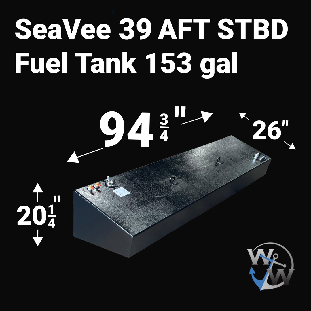 A photo of a boat fuel tank against a black background, labeled "SeaVee 39 AFT STBD Fuel Tank 153 gal". Arrows indicate the tank's dimensions: 20 1/4 inches high, 94 3/4 inches long, and 26 inches wide. A blue "WW" logo is in the bottom right corner.