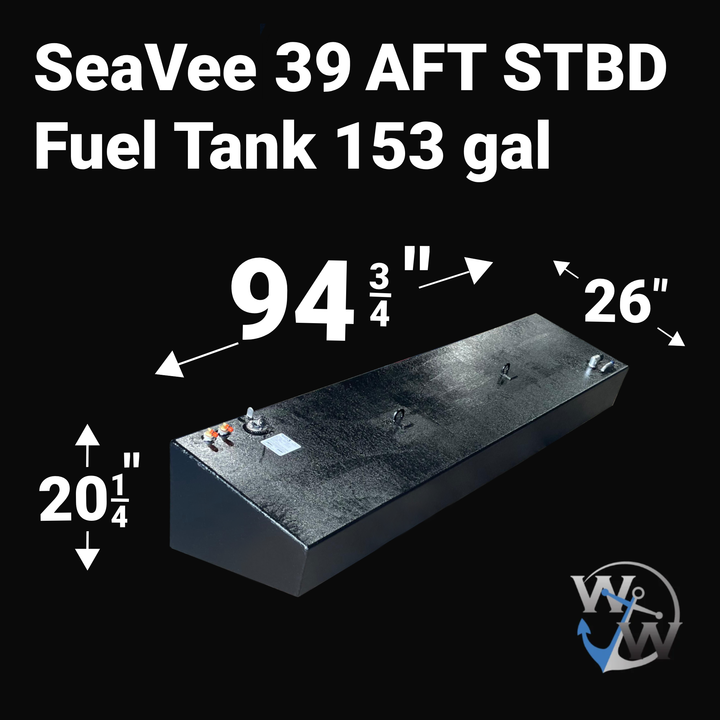 A photo of a boat fuel tank against a black background, labeled "SeaVee 39 AFT STBD Fuel Tank 153 gal". Arrows indicate the tank's dimensions: 20 1/4 inches high, 94 3/4 inches long, and 26 inches wide. A blue "WW" logo is in the bottom right corner.