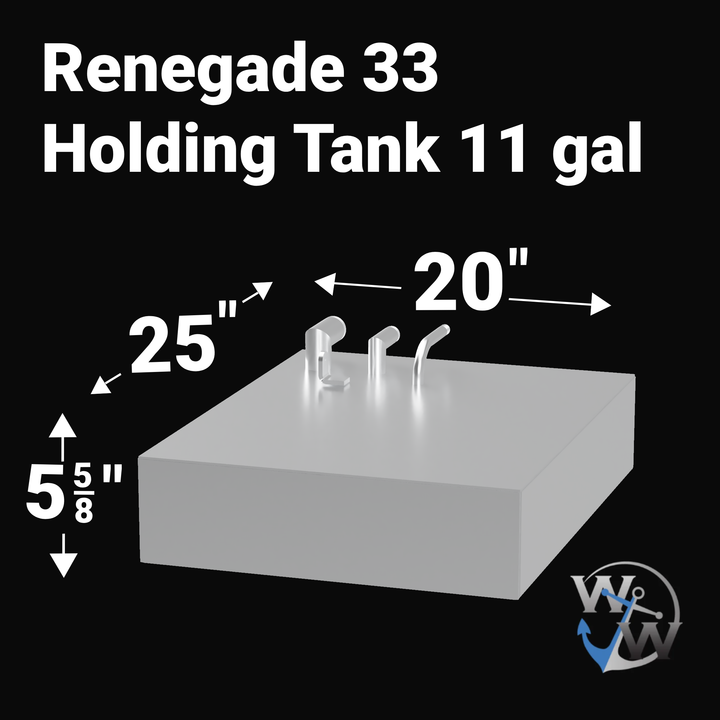  A diagram of a square-shaped, gray boat holding tank labeled "Renegade 33 Holding Tank 11 gal." The dimensions are indicated by arrows: the width is 25 inches, the length is 20 inches, and the height is $5 \frac{5}{8}$ inches. Three angled fittings protrude from the top surface. The logo "W&W" with an anchor is in the bottom right corner.