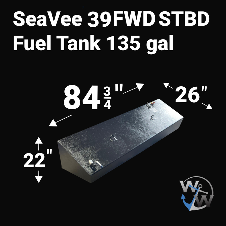A photo of a boat fuel tank against a black background, labeled "SeaVee 39 FWD STBD Fuel Tank 135 gal". Arrows indicate the tank's dimensions: 22 inches high, 84 3/4 inches long, and 26 inches wide. A blue "WW" logo is in the bottom right corner.