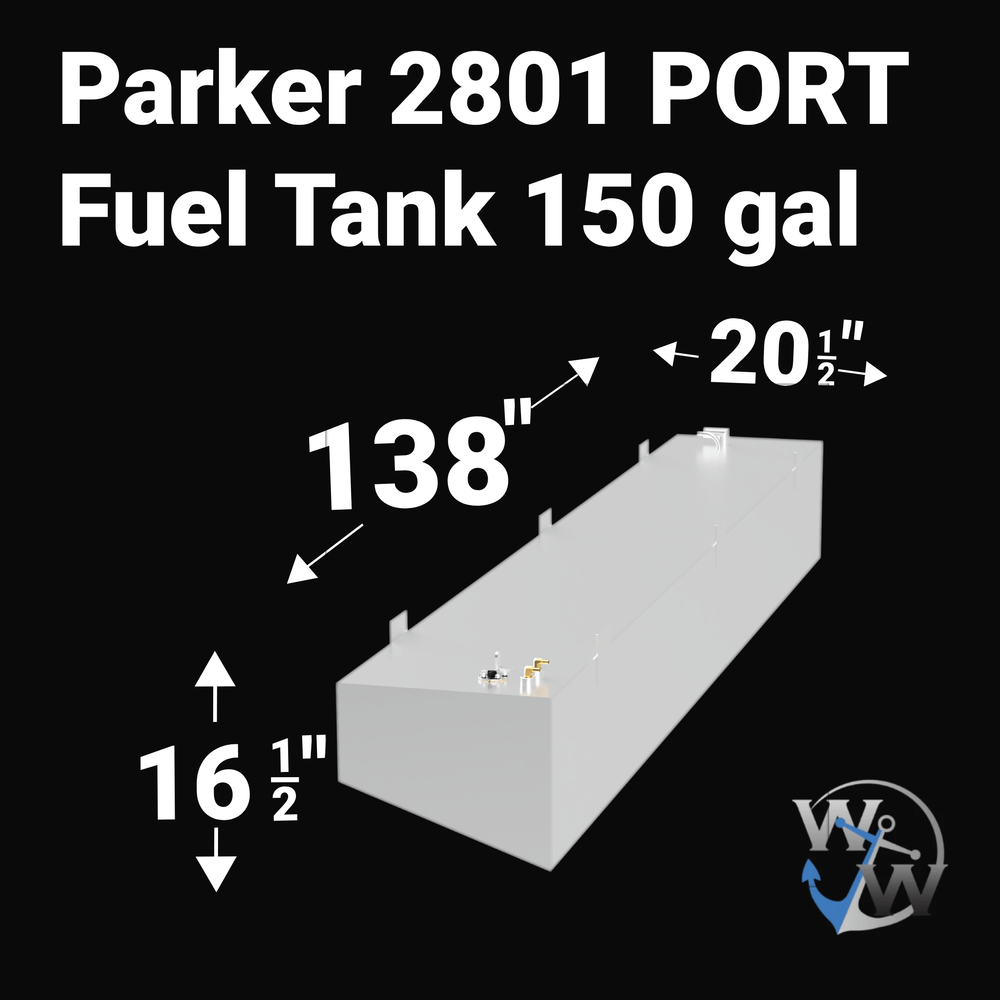 A product diagram for a Parker 2801 PORT Fuel Tank with a 150-gallon capacity. The image displays a 3D rendering of a long, silver, rectangular aluminum tank with fittings on top. The dimensions are clearly labeled with white arrows: 138 inches in length, 20 1/2 inches in width, and 16 1/2 inches in height.