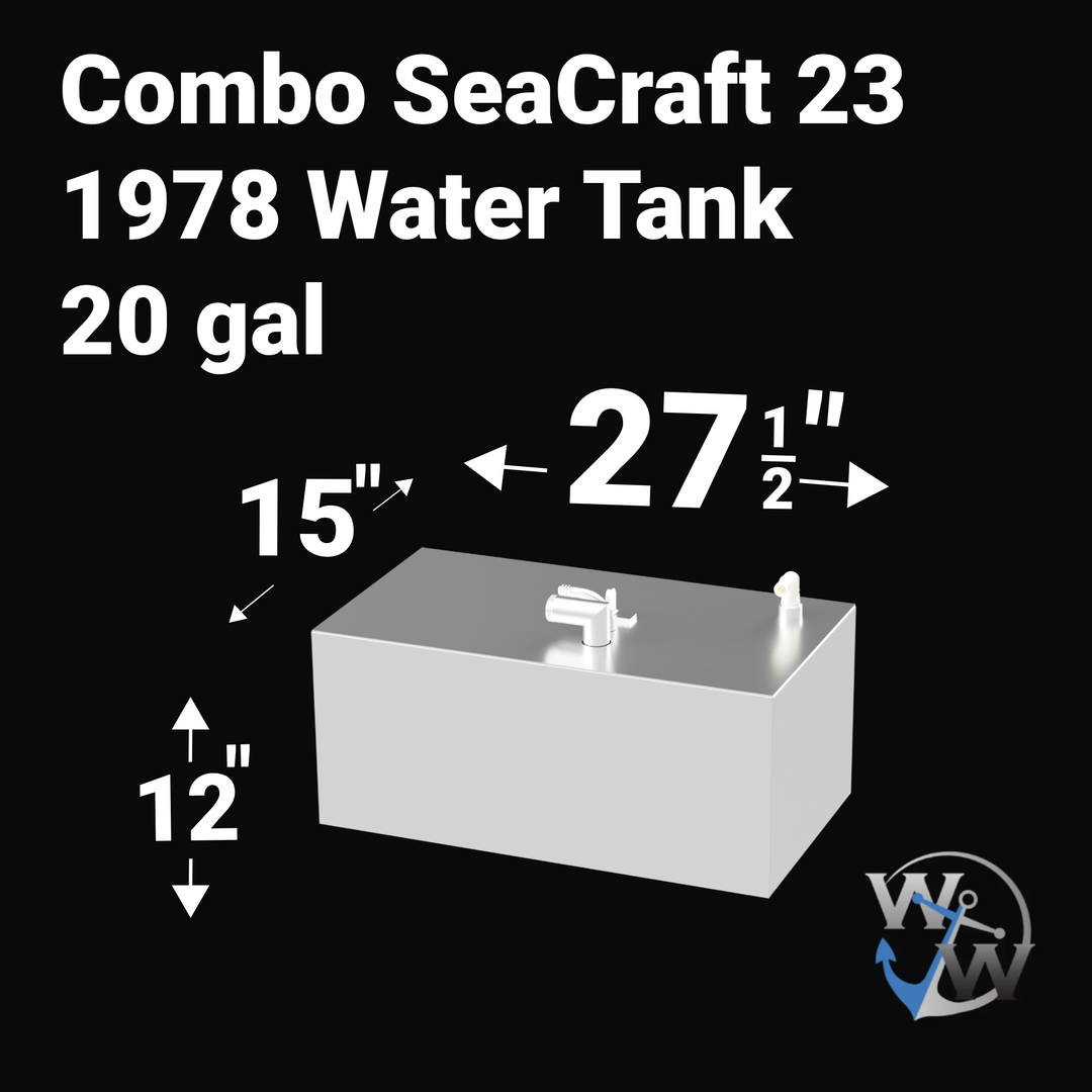 A 3D render of a boat water tank against a black background, labeled "Combo SeaCraft 23 1978 Water Tank 20 gal". Arrows indicate the tank's dimensions: 12 inches high, 15 inches long, and 27 1/2 inches wide. A blue "WW" logo is in the bottom right corner.
