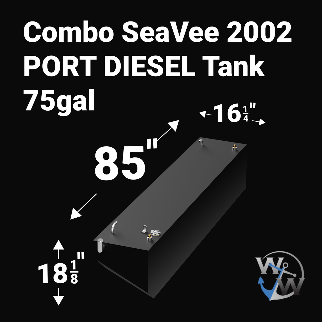 A 3D render of a boat fuel tank against a black background, labeled "Combo SeaVee 2002 PORT DIESEL Tank 75gal". Arrows indicate the tank's dimensions: 18 1/8 inches high, 85 inches long, and 16 1/4 inches wide. A blue "WW" logo is in the bottom right corner.