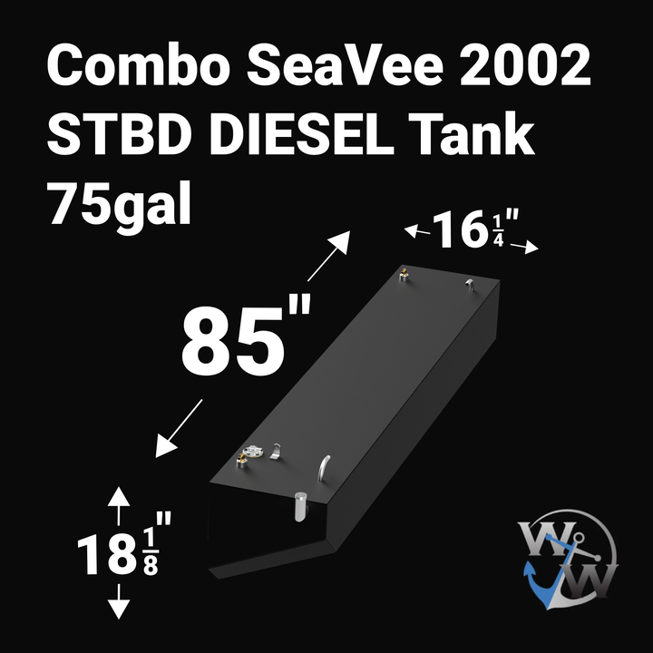 A 3D render of a boat fuel tank against a black background, labeled "Combo SeaVee 2002 STBD DIESEL Tank 75gal". Arrows indicate the tank's dimensions: 18 1/8 inches high, 85 inches long, and 16 1/4 inches wide. A blue "WW" logo is in the bottom right corner.