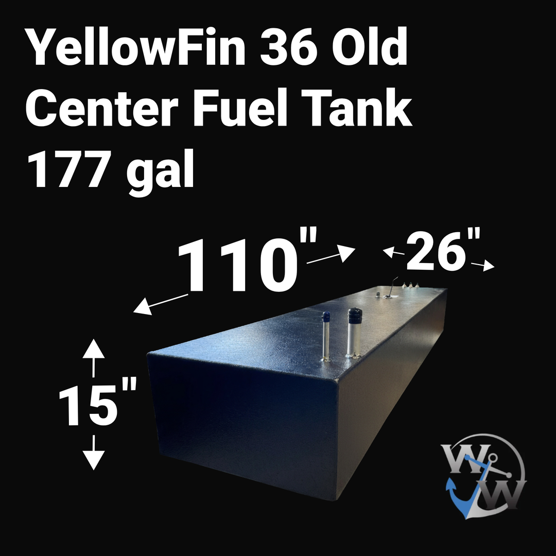 A photo of a boat fuel tank against a black background, labeled "YellowFin 36 Old Center Fuel Tank 177 gal". Arrows indicate the tank's dimensions: 15 inches high, 110 inches long, and 26 inches wide. A blue "WW" logo is in the bottom right corner.