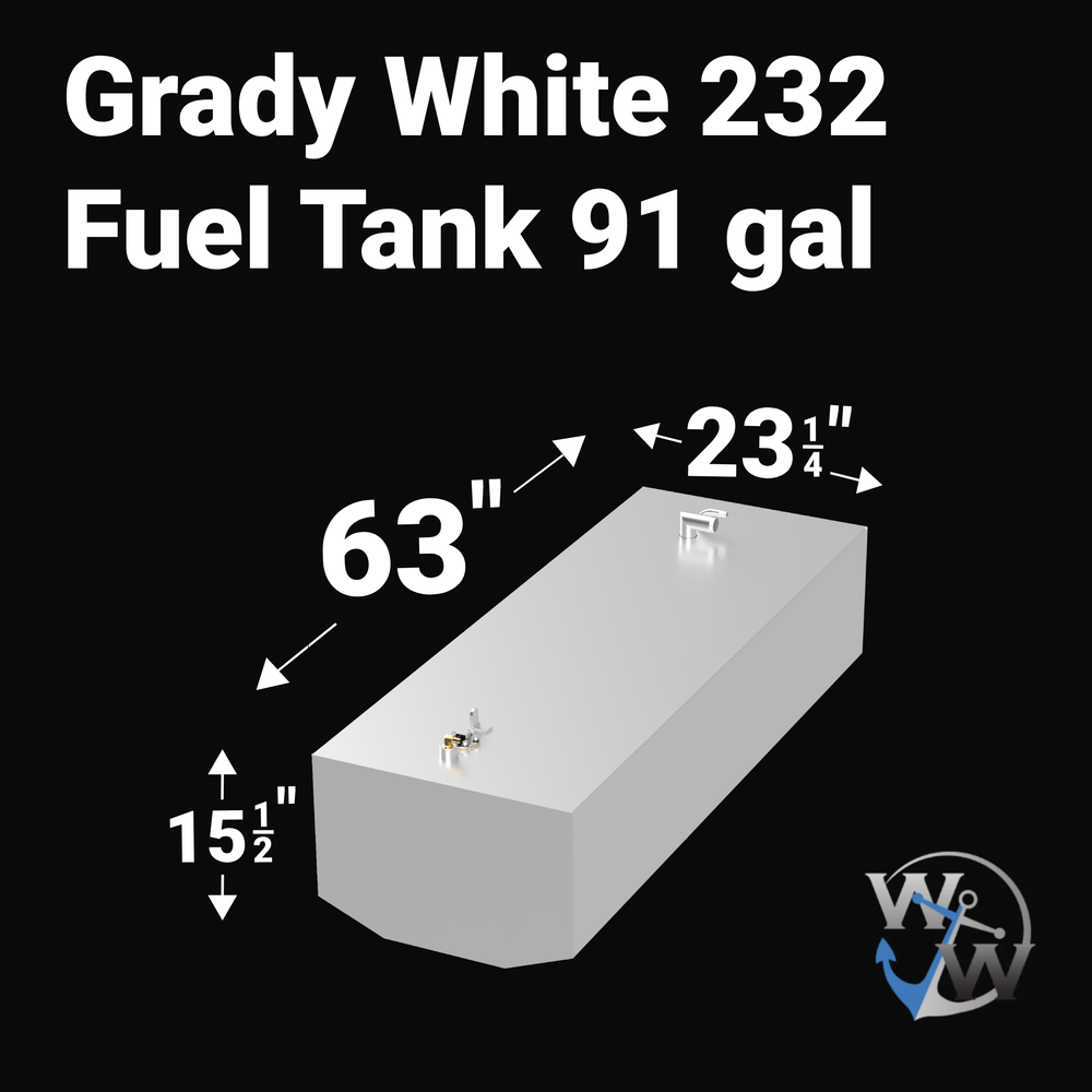 A 3D render of a boat fuel tank against a black background, labeled "Grady White 232 Fuel Tank 91 gal". Arrows indicate the tank's dimensions: 15 1/2 inches high, 63 inches long, and 23 1/4 inches wide. A blue "WW" logo is in the bottom right corner.