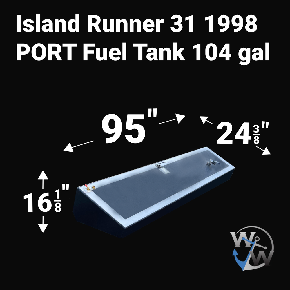 A 3D render of a boat fuel tank against a black background, labeled "Island Runner 31 1998 PORT Fuel Tank 104 gal". Arrows indicate the tank's dimensions: 16 1/8 inches high, 95 inches long, and 24 3/8 inches wide. A blue "WW" logo is in the bottom right corner.