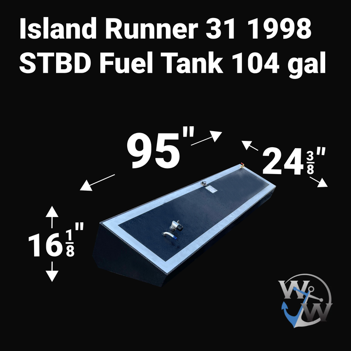 A 3D render of a boat fuel tank against a black background, labeled "Island Runner 31 1998 STBD Fuel Tank 104 gal". Arrows indicate the tank's dimensions: 16 1/8 inches high, 95 inches long, and 24 3/8 inches wide. A blue "WW" logo is in the bottom right corner.