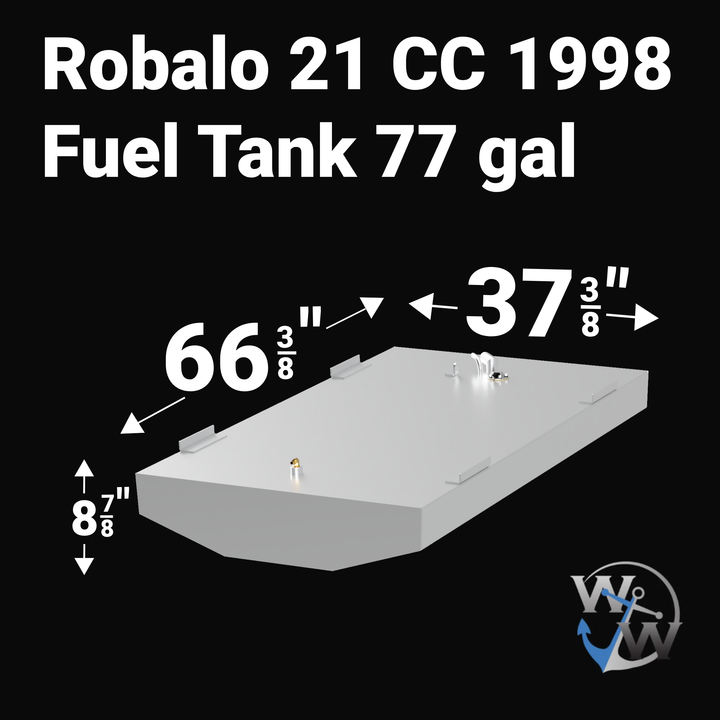 A 3D render of a boat fuel tank against a black background, labeled "Robalo 21 CC 1998 Fuel Tank 77 gal". Arrows indicate the tank's dimensions: 8 7/8 inches high, 66 3/8 inches long, and 37 3/8 inches wide. A blue "WW" logo is in the bottom right corner.