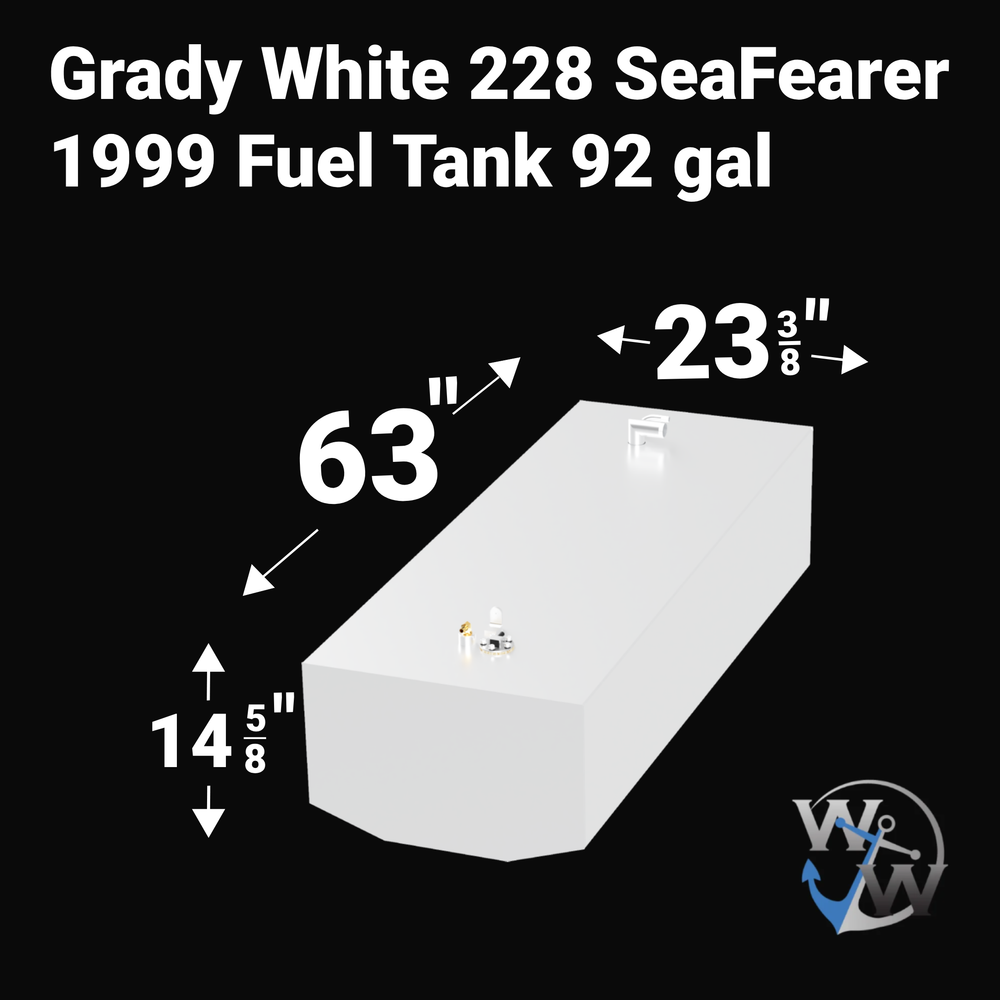 A 3D render of a boat fuel tank against a black background, labeled "Grady White 228 SeaFearer 1999 Fuel Tank 92 gal". Arrows indicate the tank's dimensions: 14 5/8 inches high, 63 inches long, and 23 3/8 inches wide. A blue "WW" logo is in the bottom right corner.