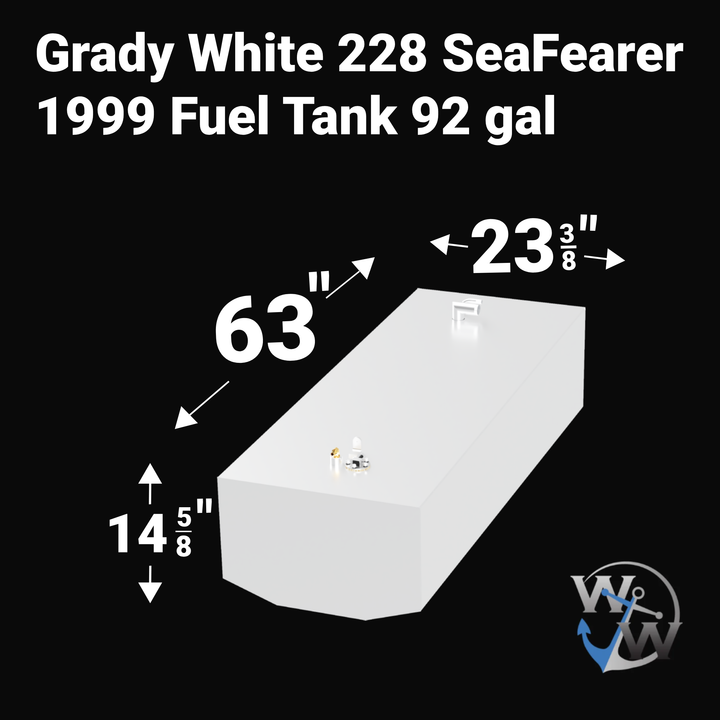 A 3D render of a boat fuel tank against a black background, labeled "Grady White 228 SeaFearer 1999 Fuel Tank 92 gal". Arrows indicate the tank's dimensions: 14 5/8 inches high, 63 inches long, and 23 3/8 inches wide. A blue "WW" logo is in the bottom right corner.