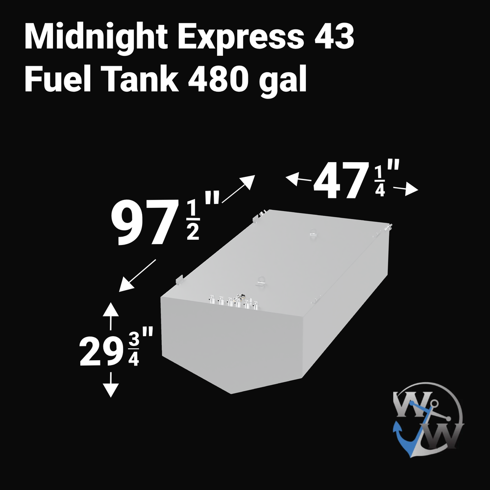 A 3D render of a boat fuel tank against a black background, labeled "Midnight Express 43 Fuel Tank 480 gal". Arrows indicate the tank's dimensions: 29 3/4 inches high, 97 1/2 inches long, and 47 1/4 inches wide. A blue "WW" logo is in the bottom right corner.