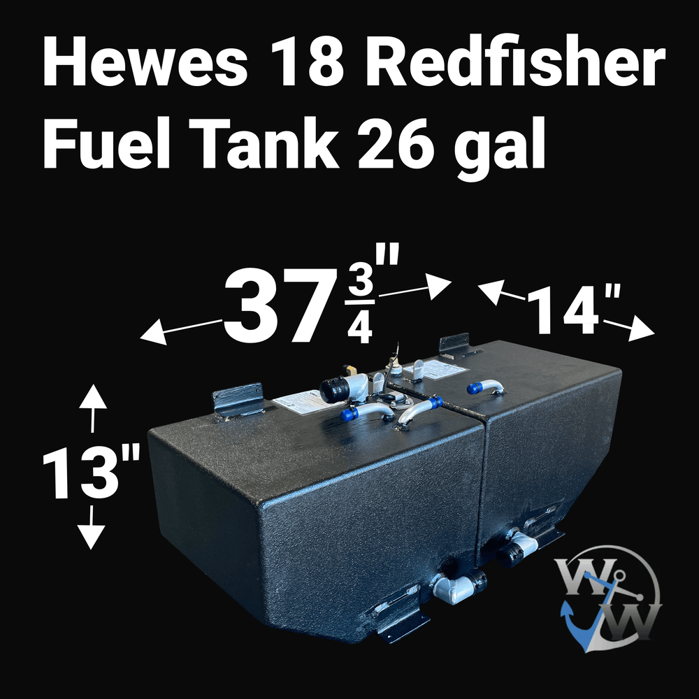 Dimensioned graphic of the Hewes 18 Redfisher replacement fuel tank (26 gal), displaying exact measurements: 37 3/4 inches long, 14 inches wide, and 13 inches high. Shows the complete Port and Starboard tank pair with black protective coating.