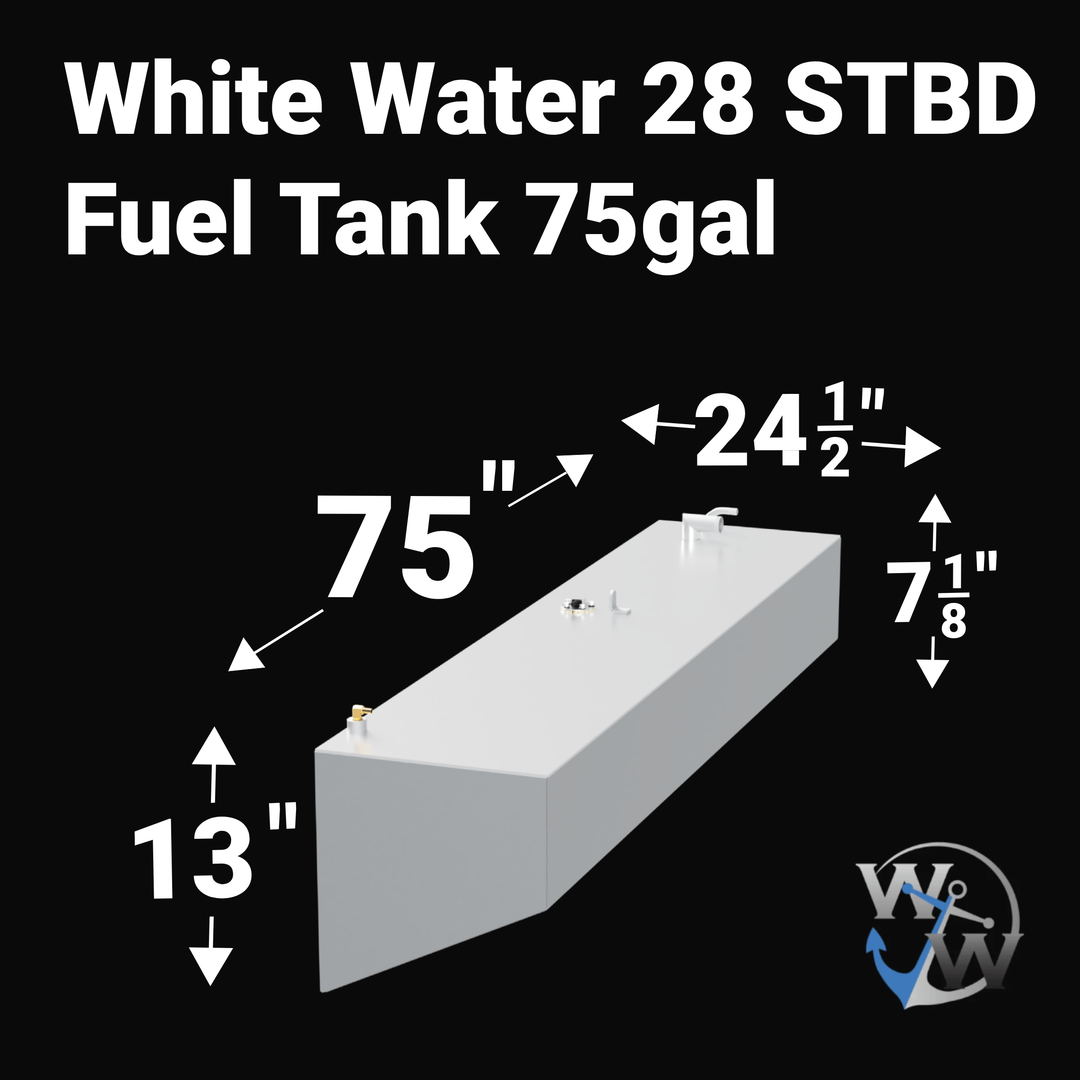 Dimensioned graphic of the White Water 28 Starboard replacement fuel tank (75 gal), displaying exact measurements: 75 inches long, 24 1/2 inches wide, and a tapered height ranging from 13 inches down to 7 1/8 inches. Shows the specific hull-fitting profile for the starboard side.