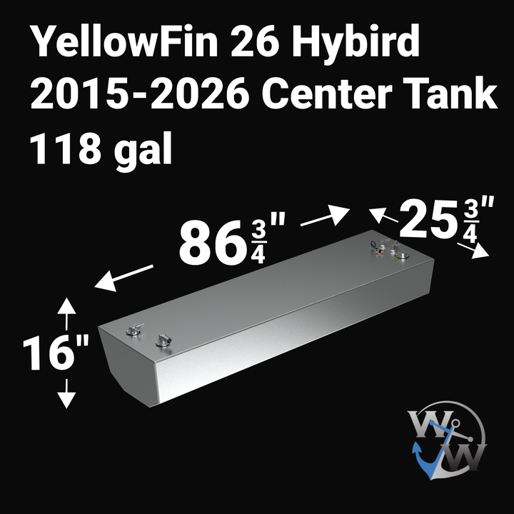 Dimensional diagram for a 118-gallon center fuel tank for a 2015-2026 Yellowfin 26 Hybrid, showing primary measurements: 86 3/4" length, 25 3/4" width, and 16" height. Rendered in mill-finish aluminum with the Welding World logo.