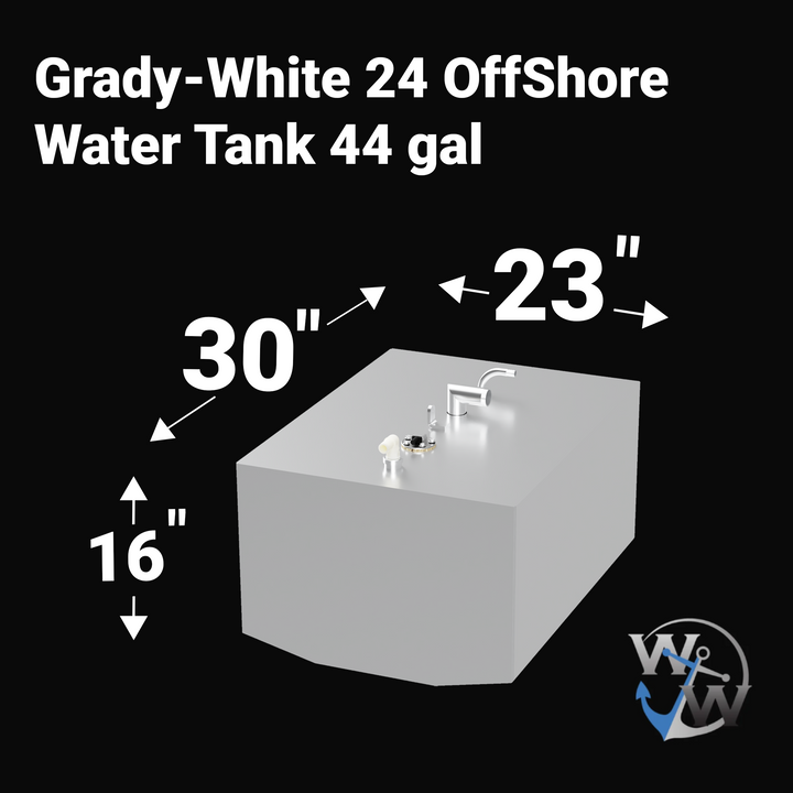 A 3D render of a boat water tank against a black background, labeled "Grady-White 24 OffShore Water Tank 44 gal". Arrows indicate the tank's dimensions: 16 inches high, 30 inches long, and 23 inches wide. A blue "WW" logo is in the bottom right corner.