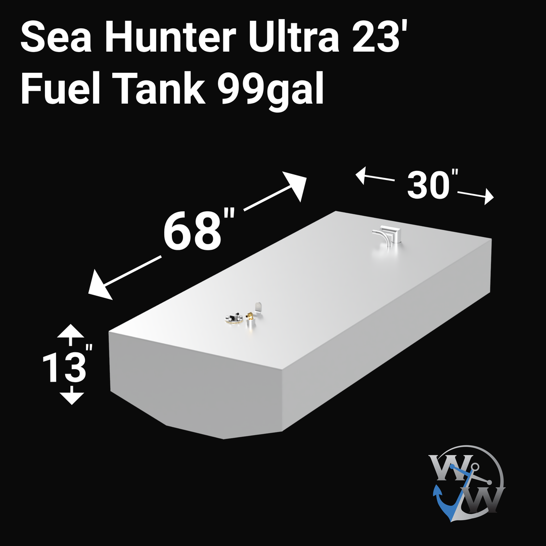 Intended for a 99-gallon fuel tank designed for a Sea Hunter Ultra 23' boat. These tanks are typically constructed from marine-grade aluminum (e.g., .190 or .250 inch Alcoa® 5052 H32 Series), possibly epoxy-coated for enhanced durability, and would be equipped with standard fittings for fuel fill, vent, engine feed, and fuel level sending unit. (Note: The image provided for this item was entirely black and did not display any visual details of the fuel tank.)