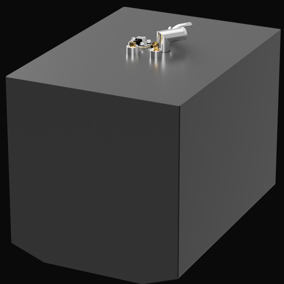 A 3D render of a boxy, dark grey boat fuel tank, shown at an angle, with a cluster of silver and brass-colored fittings on its top surface, against a black background.