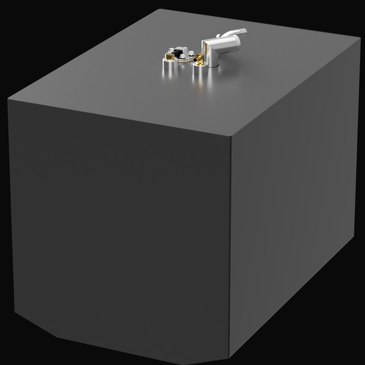 A 3D render of a boxy, dark grey boat fuel tank, shown at an angle, with a cluster of silver and brass-colored fittings on its top surface, against a black background.