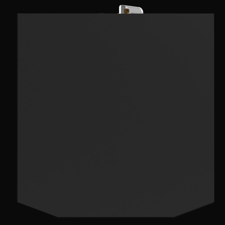 A side profile 3D render of a dark grey boat fuel tank, highlighting a single brass-colored fitting on its top edge against a black background.