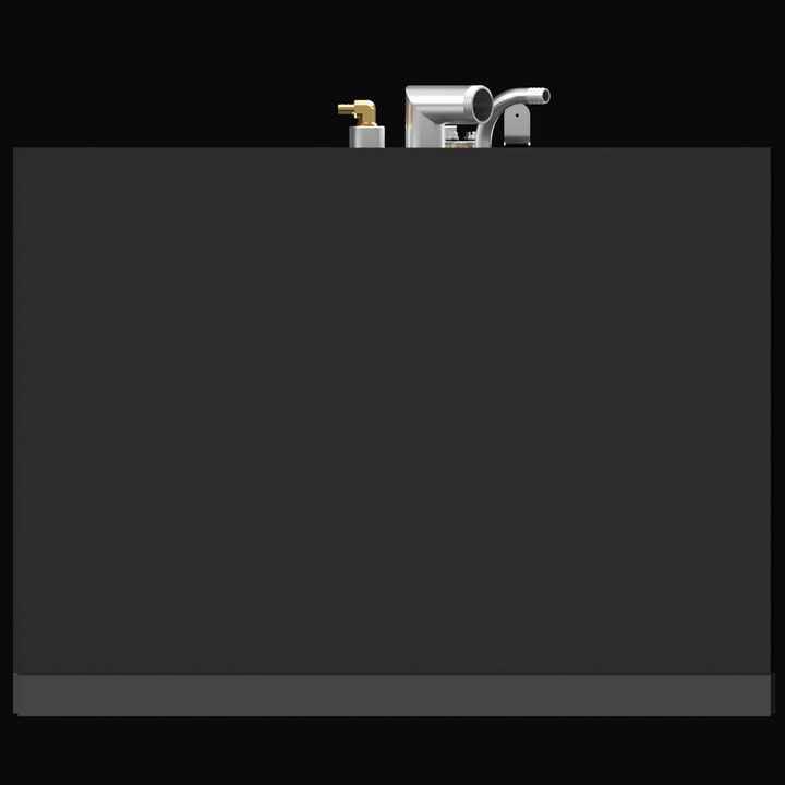 A 3D render showing a side profile of a dark grey boat fuel tank, highlighting the brass and silver-colored fittings visible on the top edge, against a black background.