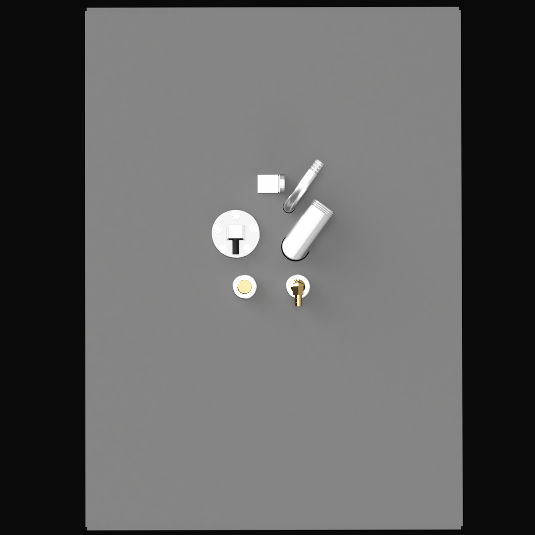 A direct top-down 3D render of various silver and brass-colored boat fuel tank fittings—including a circular sending unit, valves, and angled pipe connections—arranged on a uniform grey background.