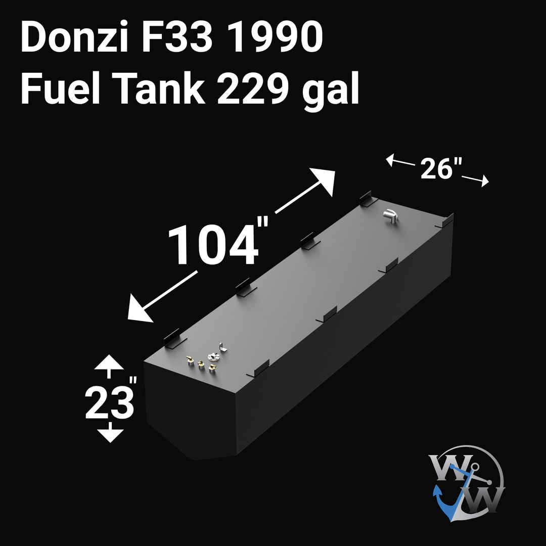 Intended for a 229-gallon fuel tank designed for a 1990 Donzi F33 boat. These large-capacity marine fuel tanks are typically custom-fabricated from marine-grade aluminum (such as 5052 alloy) to fit the specific hull design and are equipped with standard fittings for fuel fill, vent, engine supply, and level monitoring. (Note: The image provided for this item was entirely black and did not display any visual details of the fuel tank.)