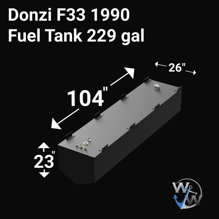 Intended for a 229-gallon fuel tank designed for a 1990 Donzi F33 boat. These large-capacity marine fuel tanks are typically custom-fabricated from marine-grade aluminum (such as 5052 alloy) to fit the specific hull design and are equipped with standard fittings for fuel fill, vent, engine supply, and level monitoring. (Note: The image provided for this item was entirely black and did not display any visual details of the fuel tank.)