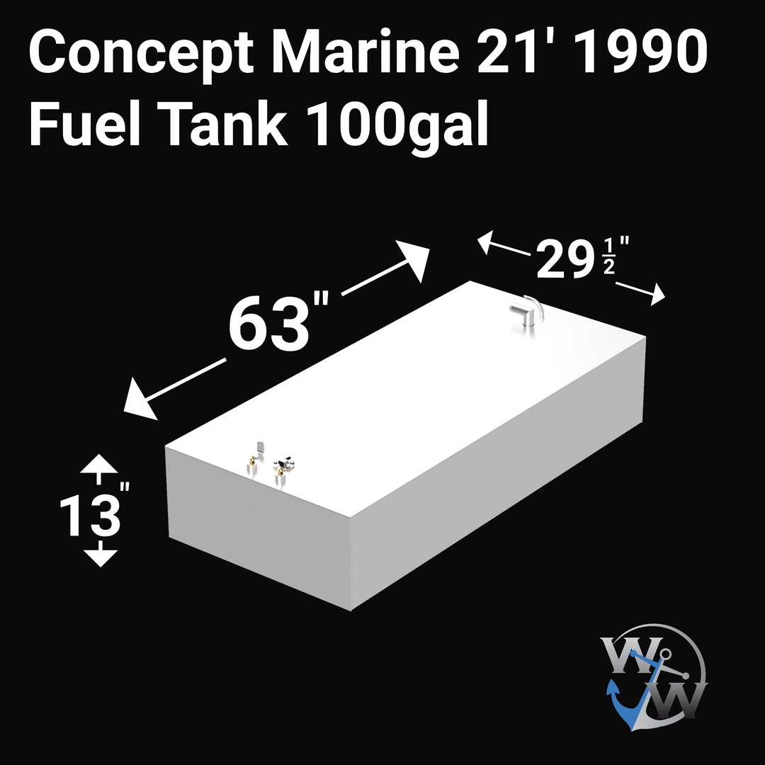 Product image of a Concept Marine 21' 1990 model fuel tank, presented as a white, rectangular unit with metallic fittings on its top surface. Text overlay on the image reads "Concept Marine 21' 1990 Fuel Tank 100gal". Dimensions are indicated with arrows: 63" (length), 29 1/2" (width), and 13" (height). A "WW" logo is visible in the lower right corner.