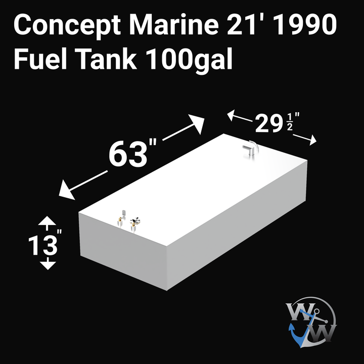 Product image of a Concept Marine 21' 1990 model fuel tank, presented as a white, rectangular unit with metallic fittings on its top surface. Text overlay on the image reads "Concept Marine 21' 1990 Fuel Tank 100gal". Dimensions are indicated with arrows: 63" (length), 29 1/2" (width), and 13" (height). A "WW" logo is visible in the lower right corner.